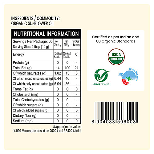 24 Mantra Organic Cold Pressed Sunflower Oil, 1 L Bottle Cholesterol & Trans Fats Free