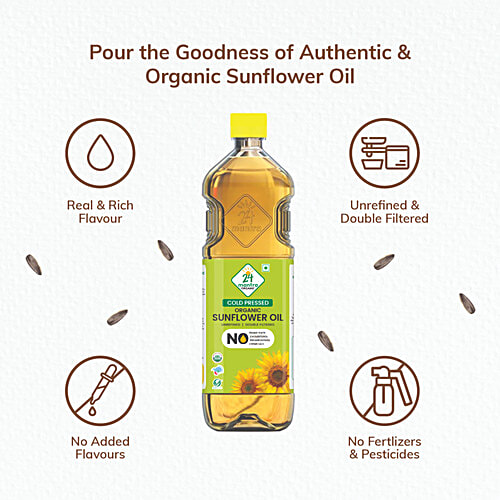 24 Mantra Organic Cold Pressed Sunflower Oil, 1 L Bottle Cholesterol & Trans Fats Free