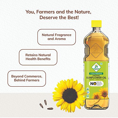 24 Mantra Organic Cold Pressed Sunflower Oil, 1 L Bottle Cholesterol & Trans Fats Free