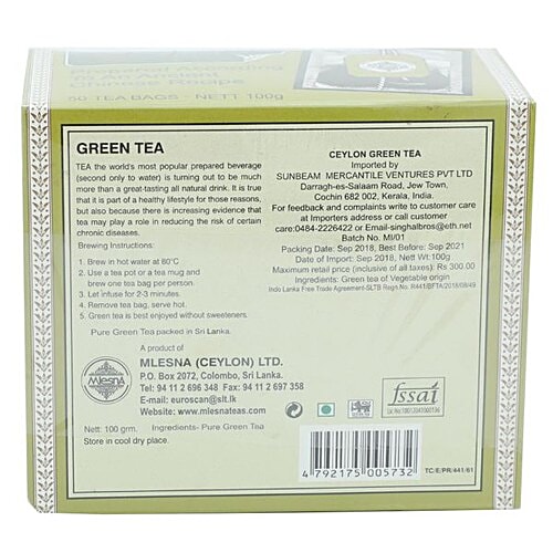 Mlesna Tea Bags - Pure Green Tea, 50 Bag x 2 gm Each 100 gm 