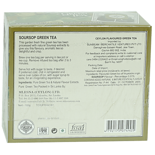 Mlesna Flavored Green Tea Bags - Sour Sop, 50 Bag x 2 gm Each 100 gm 