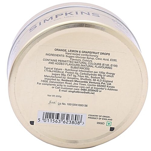 Simpkins  Travel Sweets - Orange, Lemon & Grapefruit, 200 g Tin 