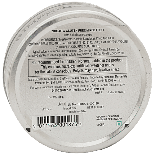 Simpkins  Travel Sweets - Sugar & Gluten Free Mixed Fruit, 175 g Tin 