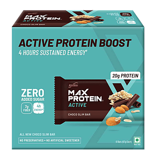 RiteBite Max Protein Bars Choco Slim 20 g Active Protein Bar - Sugar Free Healthy Protein Snacks, 67 g (Pack of 6) Zero Added Sugar, No Preservatives & Artificial Sweetener
