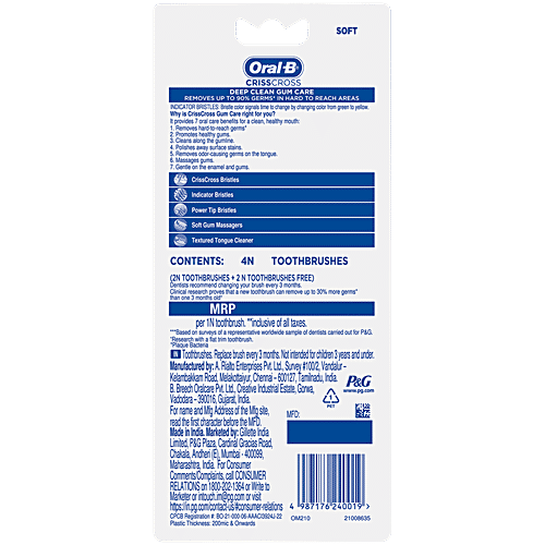 Oral-B Criss Cross Gum Care Toothbrush - With Extra-Long Power Tip Bristles, Soft, 2 pcs (Buy 2 Get 2 Free) Extra-Long Power Tip Bristles