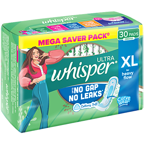Whisper Ultra Up To No Gap No Leaks Sanitary Pads, XL, 30 pcs  Cottony Soft, No Gap, No Leaks