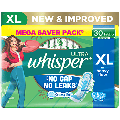 Whisper Ultra Up To No Gap No Leaks Sanitary Pads, XL, 30 pcs  Cottony Soft, No Gap, No Leaks