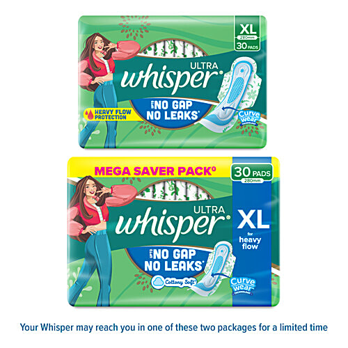 Whisper Ultra Up To No Gap No Leaks Sanitary Pads, XL, 30 pcs  Cottony Soft, No Gap, No Leaks