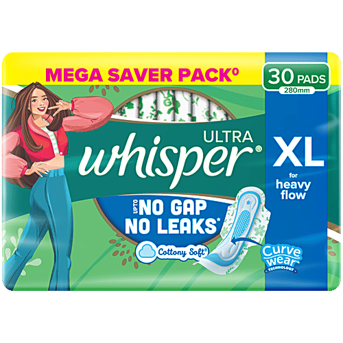 Whisper Ultra Up To No Gap No Leaks Sanitary Pads, XL, 30 pcs  Cottony Soft, No Gap, No Leaks