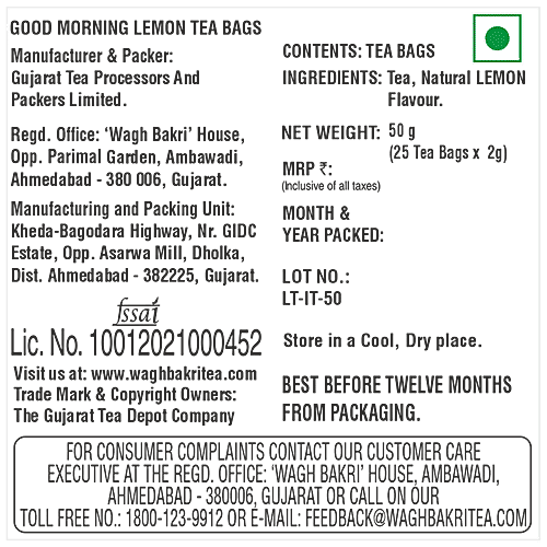 Wagh Bakri Good morning Green Tea Bags - Lemon, 50 g (25 Bags x 2 g each) 