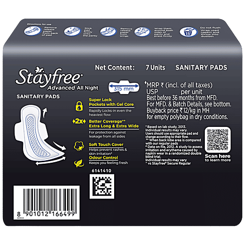STAYFREE Sanitary Pads - Advanced All Nights Soft Ultra-Thin XXL, with Wings, 7 pcs  Odour Control