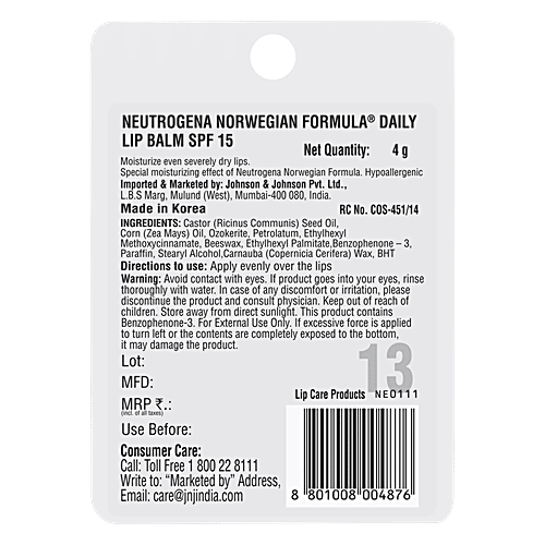 Neutrogena Norwegian Formula Daily Lip Balm - With SPF 15, Moisturises, Protects & Softens, 4 g  Norwegian Formula