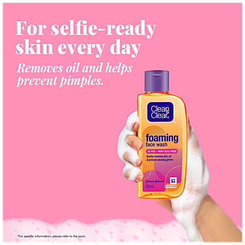 Clean & Clear Foaming Face Wash - Oil-Free, Wont Clog Pores, Removes Oil & 99.8% Pimple Causing Germs, 50 ml  Removes Oil & 99.8% Pimple Causing Germs
