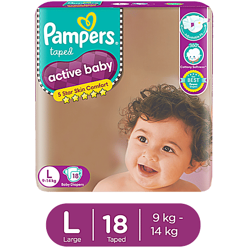 Pampers  Active Baby Taped Diapers - Soft, Up To 12 Hours Absorption, 5 Star Skin Comfort, Large, 18 pcs Pouch 