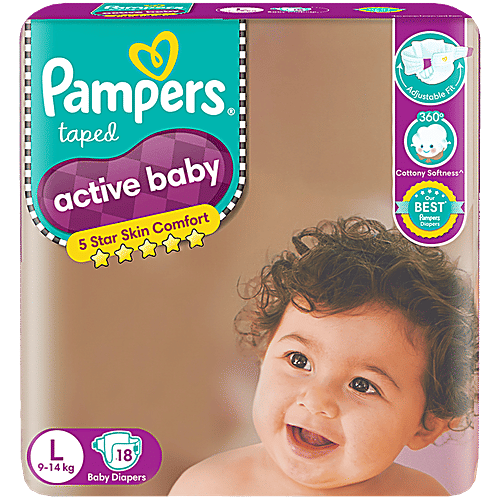 Pampers  Active Baby Taped Diapers - Soft, Up To 12 Hours Absorption, 5 Star Skin Comfort, Large, 18 pcs Pouch 
