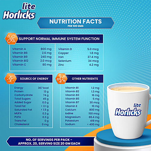 Horlicks Lite - Badam Flavour, 420 g Carton High Protein, Zero Cholesterol, No Added Sugar