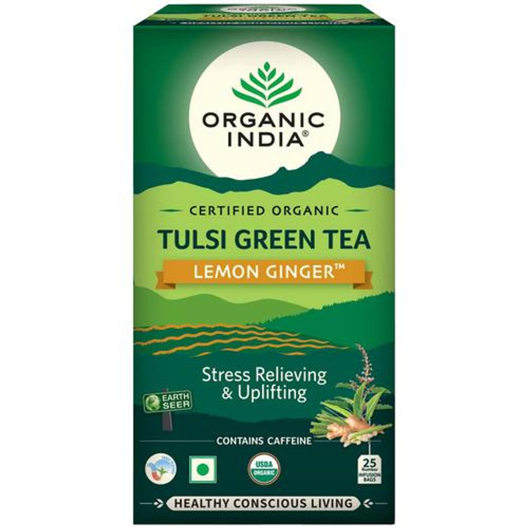 Organic India Organic Tulsi Green Tea - Lemon & Ginger, Stress Relieving, 45 g (25 Bags x 1.8 g each)