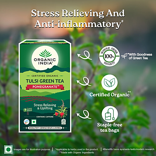 Organic India Tulsi Green Tea - Pomegranate, Certified Organic, 50 g (25 Bags x 2 g each) Stress Relieving