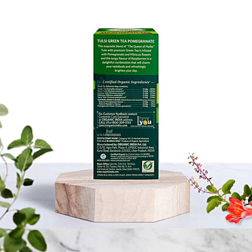 Organic India Tulsi Green Tea - Pomegranate, Certified Organic, 50 g (25 Bags x 2 g each) Stress Relieving