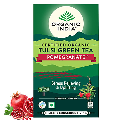 Organic India Tulsi Green Tea - Pomegranate, Certified Organic, 50 g (25 Bags x 2 g each) Stress Relieving
