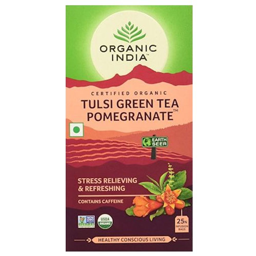 Organic India Organic Tulsi Green Tea - Pomegranate, Stress Relieving, 50 g (25 Bags x 2 g each)