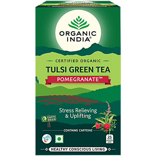 Organic India Tulsi Green Tea - Pomegranate, Certified Organic, 50 g (25 Bags x 2 g each) Stress Relieving