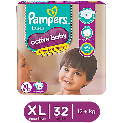 Pampers Active Baby Diapers - Extra Large, 12+ kg, Soft Stretch Waist & Sides, Up to 12 Hours Absorption, 32 pcs