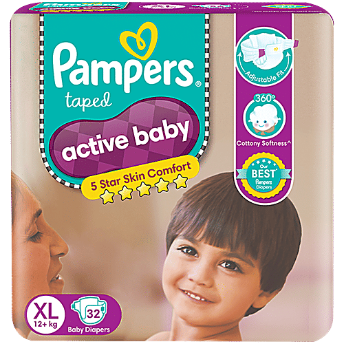 Pampers Active Baby Diapers - Extra Large, 12+ kg, Soft Stretch Waist & Sides, Up to 12 Hours Absorption, 32 pcs