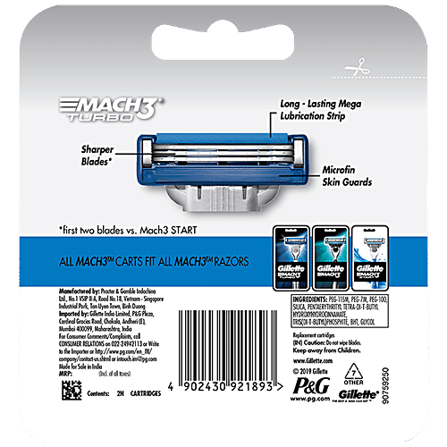 Gillette Mach3 Turbo - Manual Shaving Razor Blades Cartridge, 2 pcs  