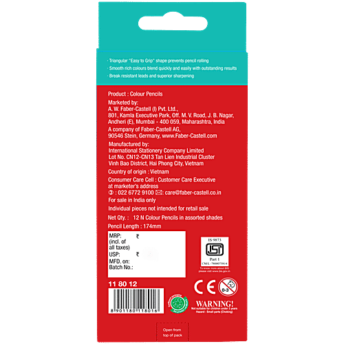 Faber castell Colour-Me Grip - Triangular Shape, Regular Size, Super Smooth, Colour Rich, 1 pc (Set of 12) Super smooth
Colour rich
Triangular easy to grip shape
