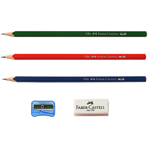 Faber castell Ole Super Dark Pencils - Triangular Shaped With Sharpener & Eraser 1000-01BB, 1 pc (Set of 10)