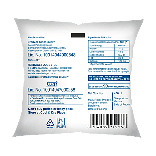 Heritage Special UHT Processed Homogenised Toned Milk, 450 ml Pouch No Preservatives