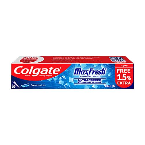 Colgate MaxFresh Toothpaste - Blue Gel With Menthol For Super Fresh Breath, Peppermint Ice, 70g + 11g  Blue Gel Paste with Menthol for Super Fresh Breath