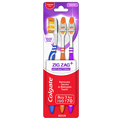 Colgate ZigZag Anti-Bacterial Toothbrush - Medium, 3 pcs  