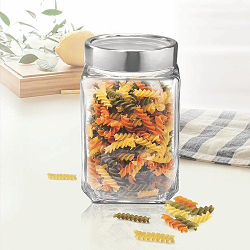 Treo Storage Jar with Lid - Transparent, Glass, Plain, Cube, 1 L  Microwave Safe