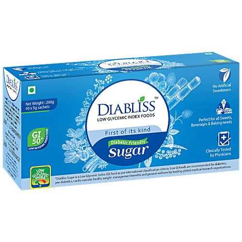 DIABLISS Diabetic Friendly Sugar - Sulphur Free, Low GI, For Wellness Conscious, 200 g (40 Sachets x 5 g Each) 