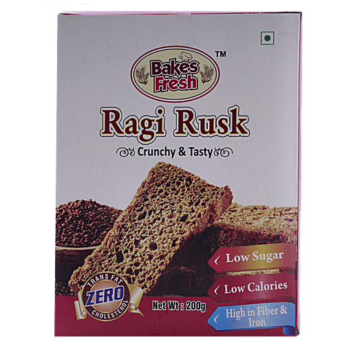 Bakes Fresh Rusk - Ragi, 200 g Pouch Low Sugar, Zero Cholesterol, Crunchy & Tasty