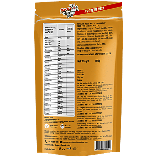 Rasna Healthy Day Protein Vita Chocolate, 400 g  With Chocolate & Malt, High Energy & Protein, 21 Vitamins & Minerals