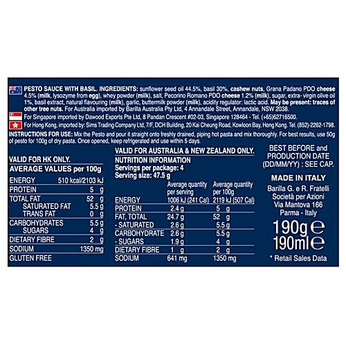 Barilla Pesto Genovese Pasta & Pizza Sauce - With Fresh Basil & No Added Preservatives, 190 g Jar Fresh Basil
 Real Italian Cheese
