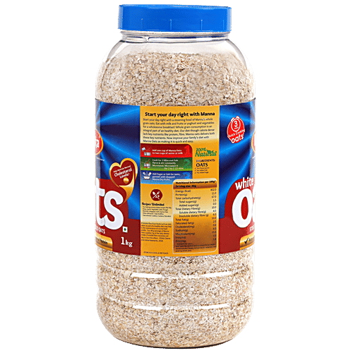Manna White Oats - High In Fibre & Protein, Helps Maintain Cholesterol, Diabetic-Friendly, 1 kg Jar Rich in Fibre, Source of Protein
