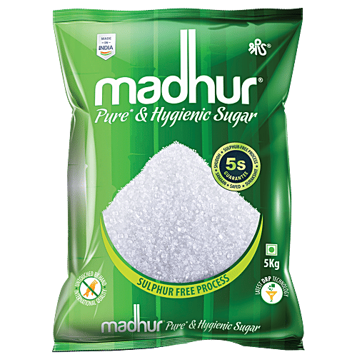 Madhur Sugar/Sakhar - Refined, 5 kg Pouch Sulphur Free Sugar