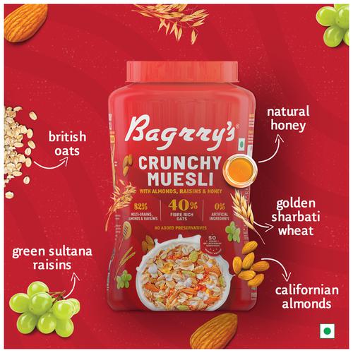 Bagrry'S Crunchy Muesli With Almonds, Raisins & Honey - 40% Fibre Rich Oats, 1 kg Jar 