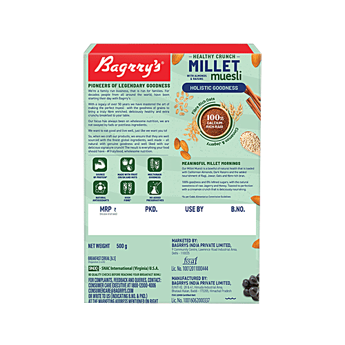 Bagrry's Healthy Crunch Millet Muesli, 500 g Box With Californian Almonds, 51% Oats & Millets, No Added Preservative, 0% Refined Sugar, Crunchy Muesli