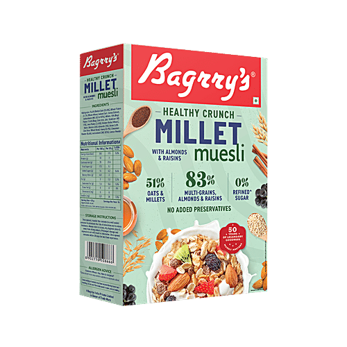 Bagrry's Healthy Crunch Millet Muesli, 500 g Box With Californian Almonds, 51% Oats & Millets, No Added Preservative, 0% Refined Sugar, Crunchy Muesli
