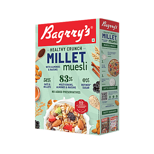 Bagrry's Healthy Crunch Millet Muesli, 500 g Box With Californian Almonds, 51% Oats & Millets, No Added Preservative, 0% Refined Sugar, Crunchy Muesli