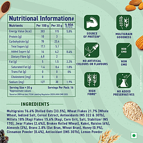 Bagrry's Healthy Crunch Millet Muesli, 500 g Box With Californian Almonds, 51% Oats & Millets, No Added Preservative, 0% Refined Sugar, Crunchy Muesli