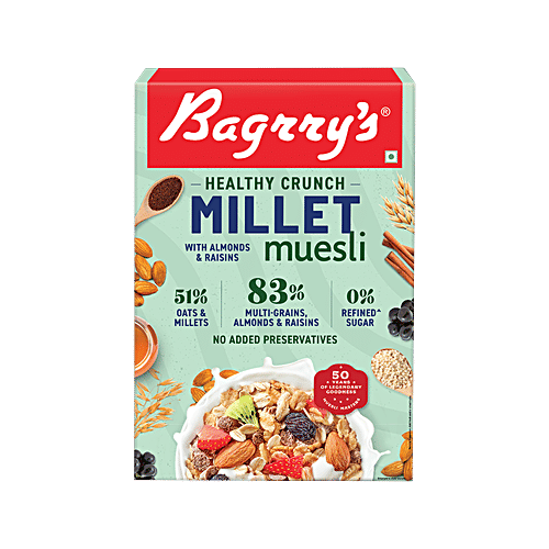 Bagrry's Healthy Crunch Millet Muesli, 500 g Box With Californian Almonds, 51% Oats & Millets, No Added Preservative, 0% Refined Sugar, Crunchy Muesli