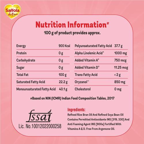 Saffola Active Refined Cooking oil | Blended Rice Bran & SoyaBean oil | Pro Weight Watchers, 1 L Pouch Pro Weight Watchers, High in Omega 3