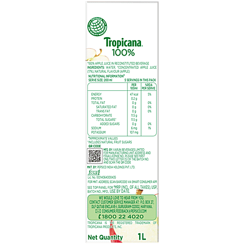 Tropicana Apple Juice, 1 L No Added Sugar, No Added Colour