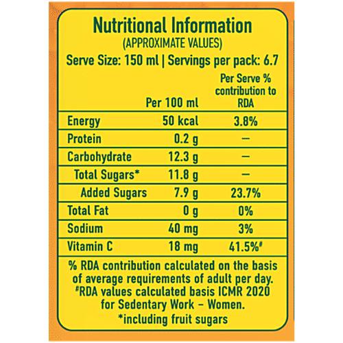 Real Fruit Power Orange Juice, 1 L  Zero Fat
